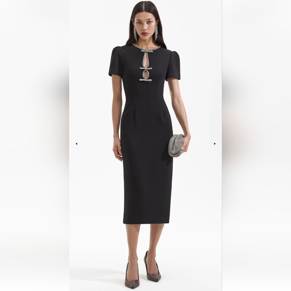 Self Portrait Black Crepe Diamante Bow Midi Dress